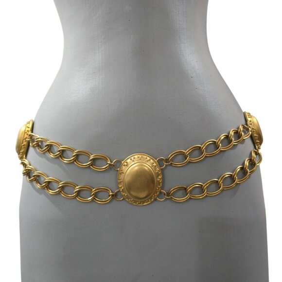 Vintage Medallion Belt Matte Gold Tone Chunky Etruscan Triple Oval Link 80's
